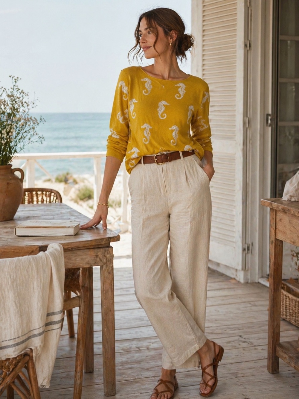 MAEVE Seahorse Printed Intarsia Sweater in Mustard Yellow | Small | Coastal